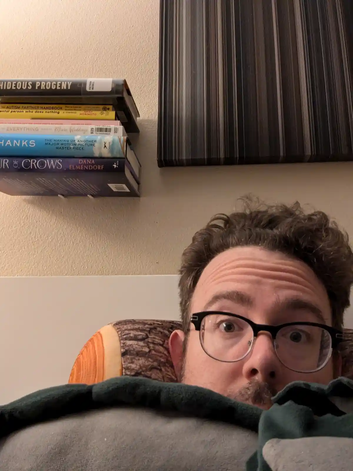 A man with glasses and a mustache peeks over a blanket from a chair, looking surprised. Above him, a shelf holds several…