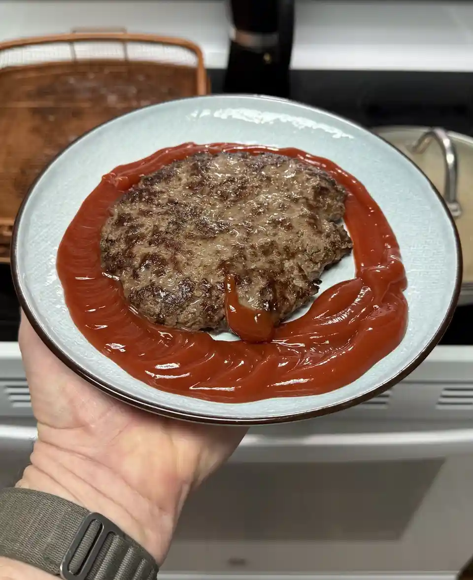 A hand holds a light blue plate with a single seared hamburger patty centered on a thick, decorative ring of ketchup. The…