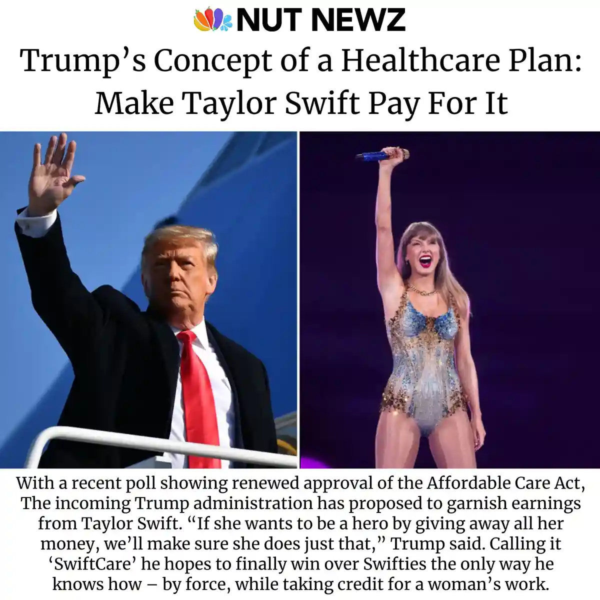 The image displays a split-screen with Donald Trump waving on the left and Taylor Swift performing on the right, under a…