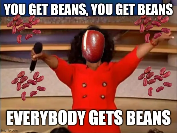 A person in a red coat with a red kidney bean covering their face, arms outstretched, surrounded by falling red kidney…