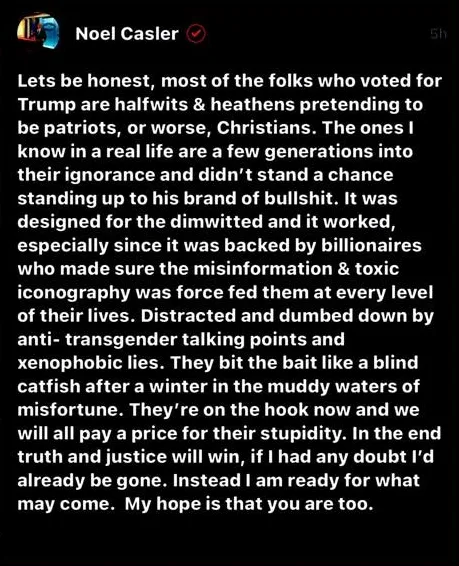 A screenshot of a social media post by Noel Casler, featuring a long block of white text on a black background. The text is…