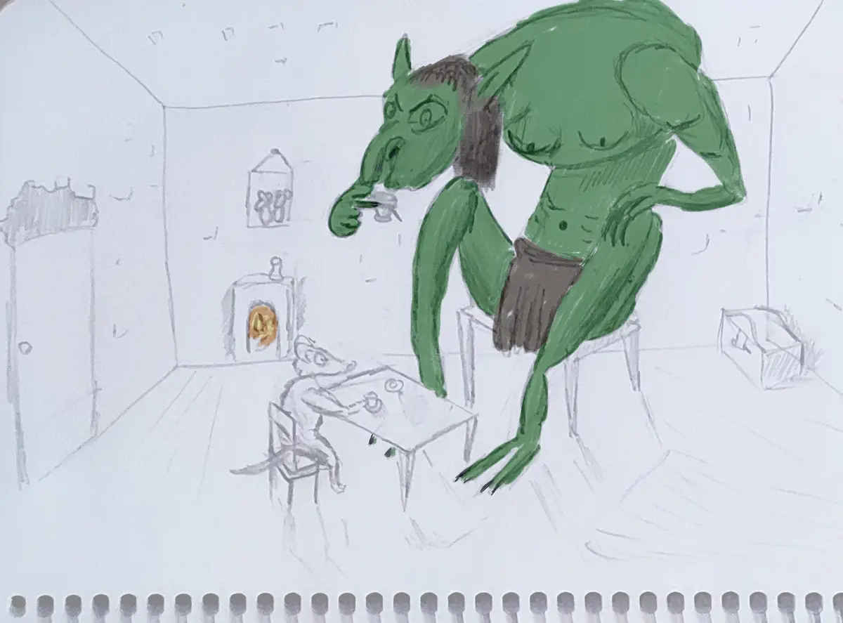 A hand-drawn sketch depicts a large, green-skinned humanoid monster with horns and a tail, sitting at a table in a room with…