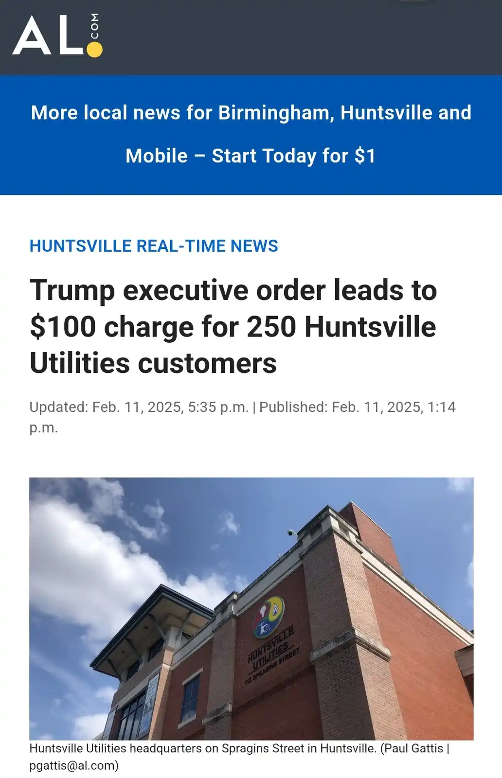 A screenshot of an AL.com news article titled 'Trump executive order leads to $100 charge for 250 Huntsville Utilities…