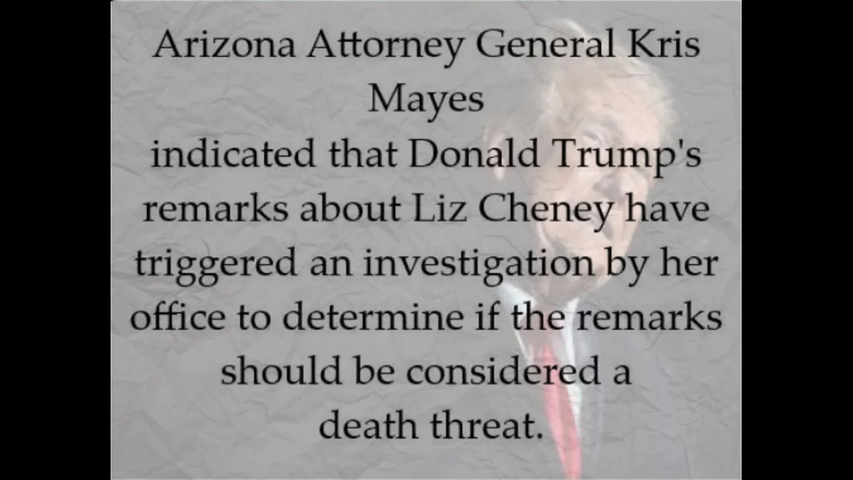 The image shows a blurred background of Donald Trump in a suit and red tie, overlaid with black text on a crumpled paper…