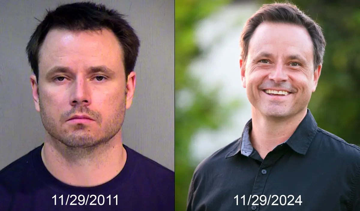 The image shows a split-screen of the same man: on the left, a stern mugshot from 11/29/2011, and on the right, a smiling…