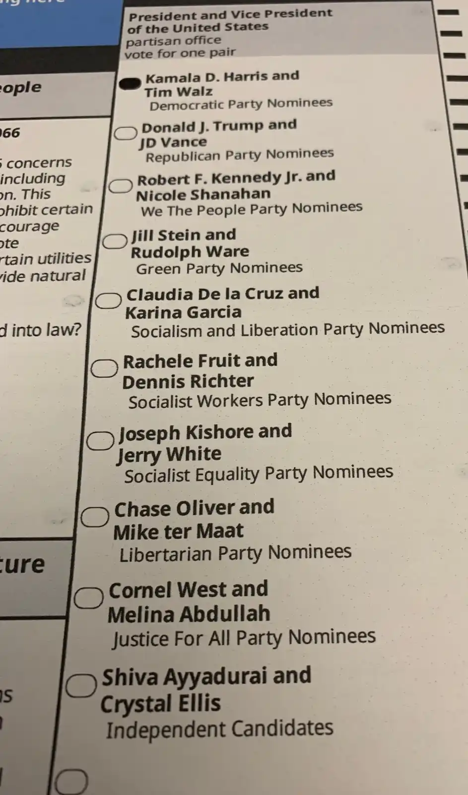 A close-up of a mock election ballot listing U.S. presidential candidates and their parties, with the Democratic ticket of…