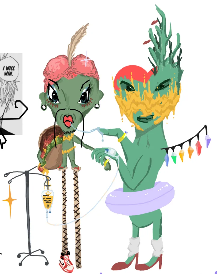 Two green-skinned cartoon aliens with exaggerated features; one has a burger for a torso and is hooked up to an IV drip…