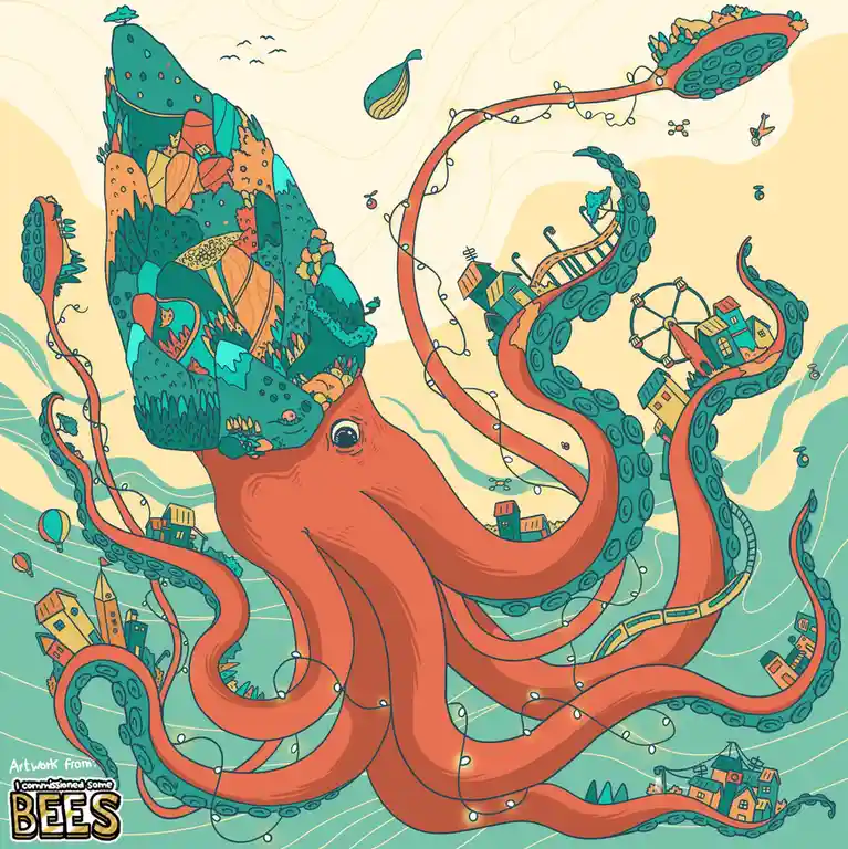 A whimsical illustration of a large, friendly-looking red octopus with teal suction cups, its tentacles cradling miniature…