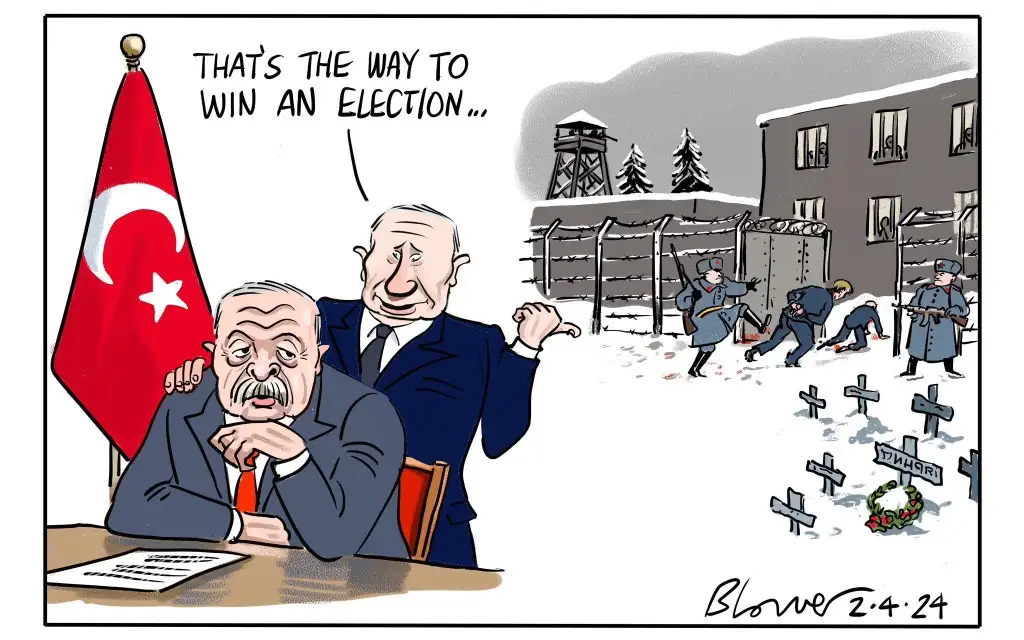 A cartoon depicts two men in suits at a desk with a Turkish flag; one man gestures proudly while the other looks weary. In…