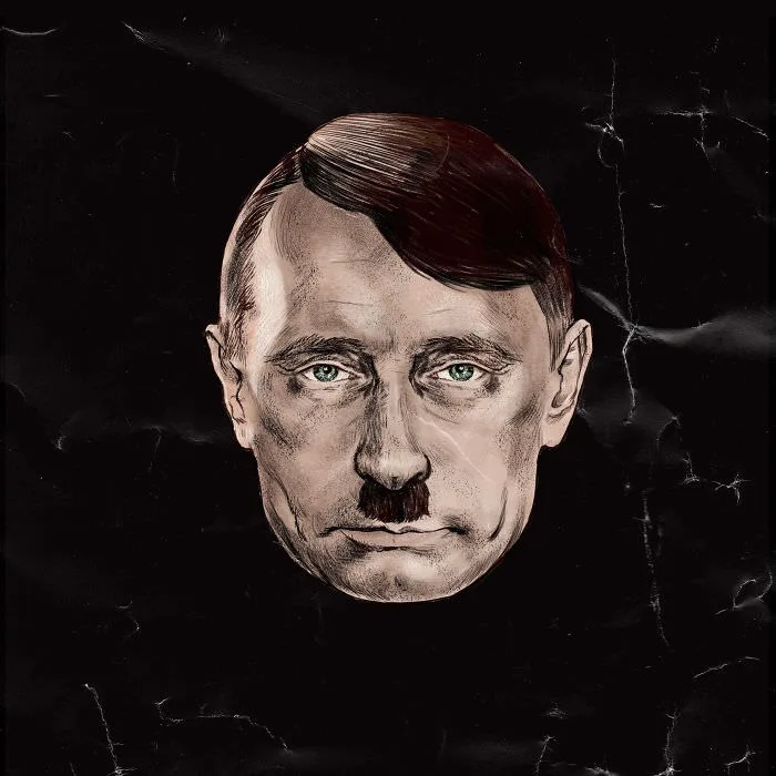 A digitally altered portrait shows a man with Adolf Hitler's distinctive mustache and hairstyle, but with the facial…