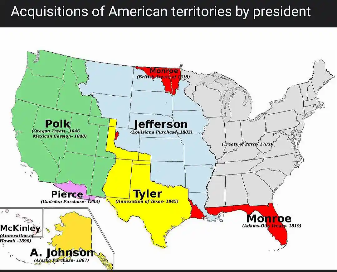 A map of the United States color-coded by president who acquired each territory, with names like Polk, Jefferson, Tyler, and…