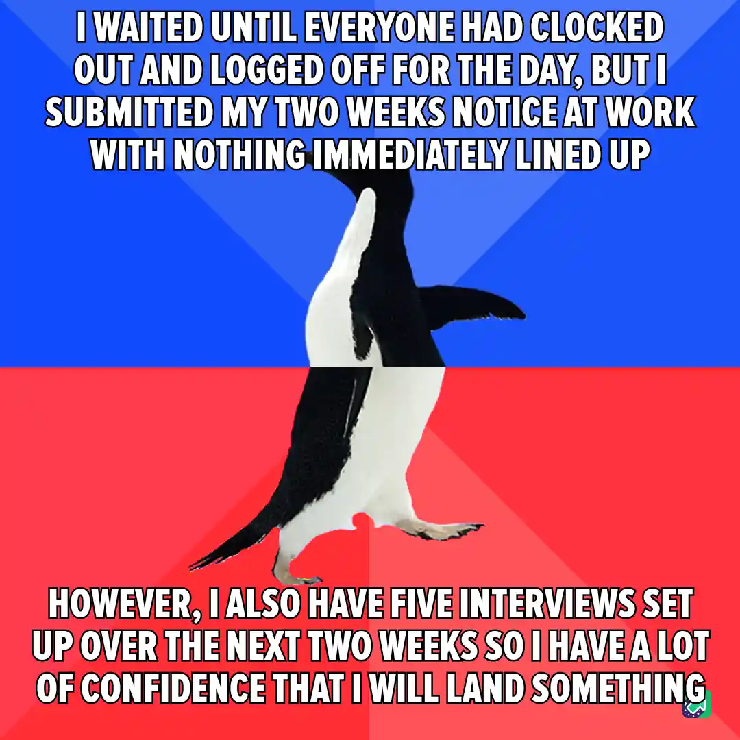 A penguin stands centered against a blue and red background, with white text overlaid in two sections. The top text reads…
