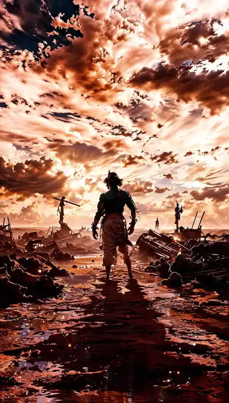 A lone figure walks through a desolate, war-torn landscape under a dramatic, fiery orange sky with sunbeams piercing through…