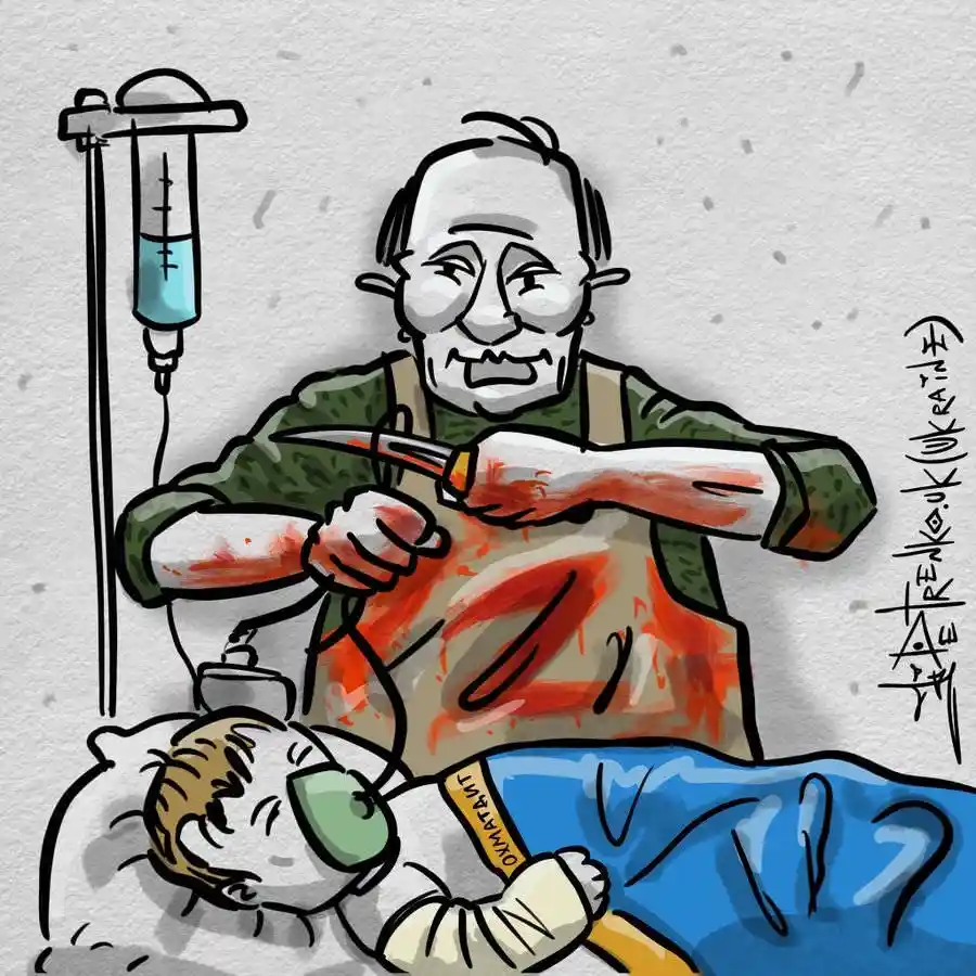 A cartoon depicts an elderly man in a stained apron holding a bloody knife over a sleeping child in a hospital bed, with an…