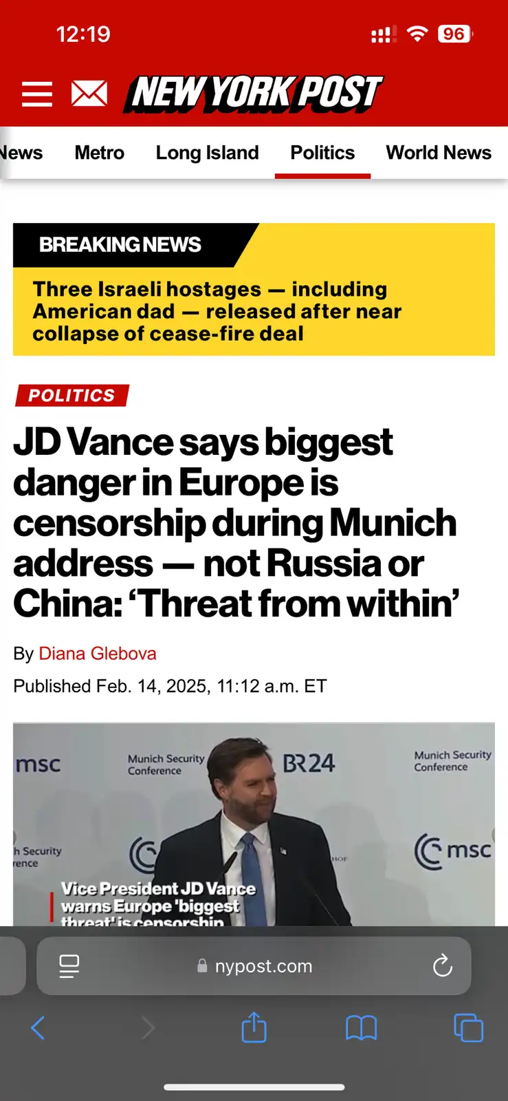 A screenshot of a New York Post article shows JD Vance speaking at the Munich Security Conference, with the headline stating…