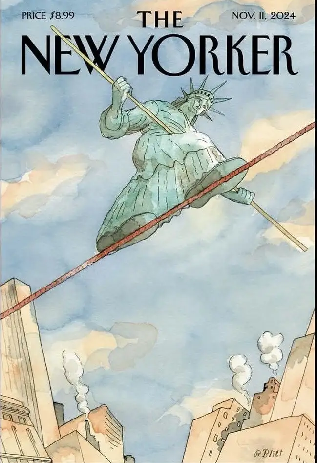 The image is a satirical cover of The New Yorker magazine dated November 11, 2024, priced at $8.99. It depicts the Statue of…