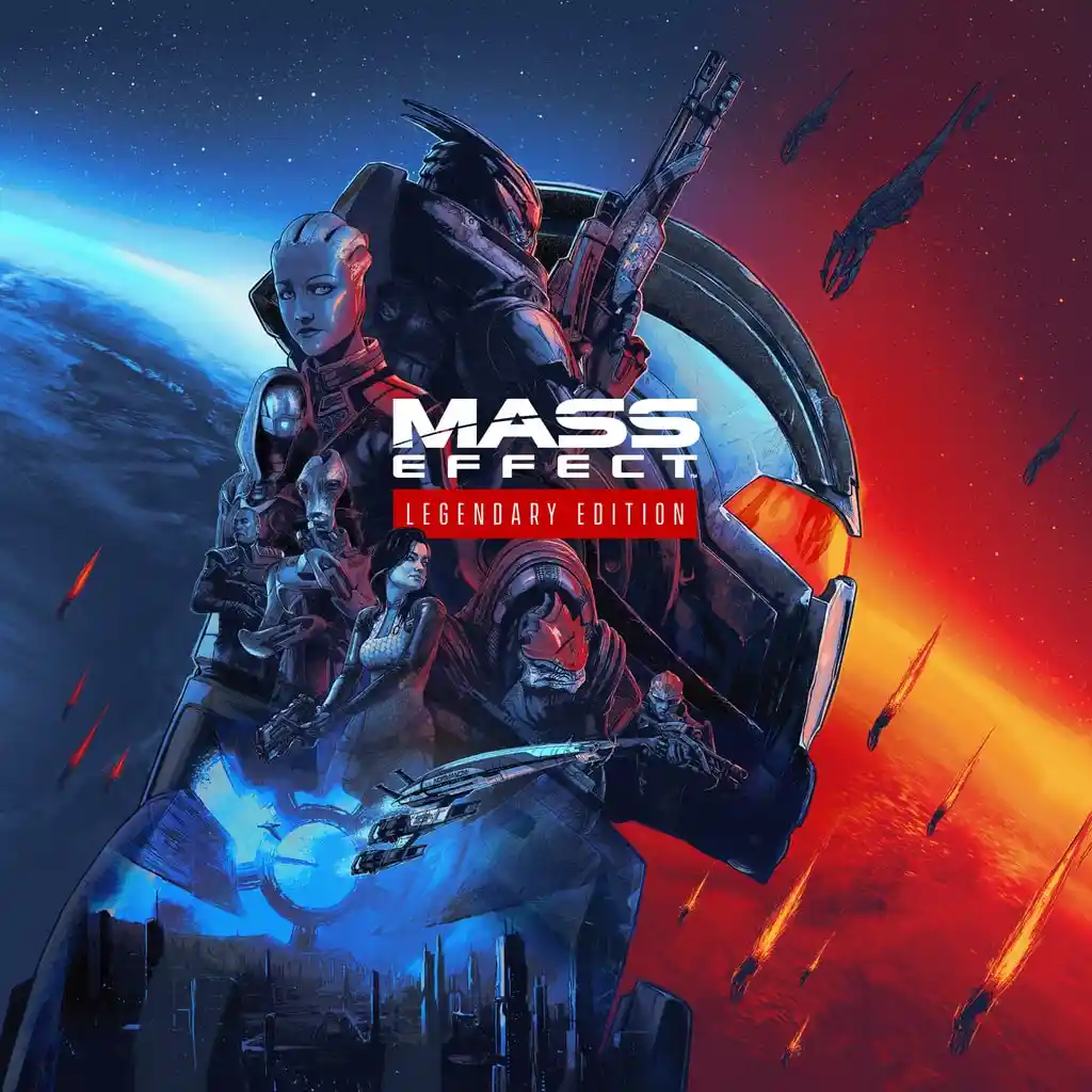 The image is the official cover art for 'Mass Effect Legendary Edition,' featuring a group of diverse sci-fi characters in…