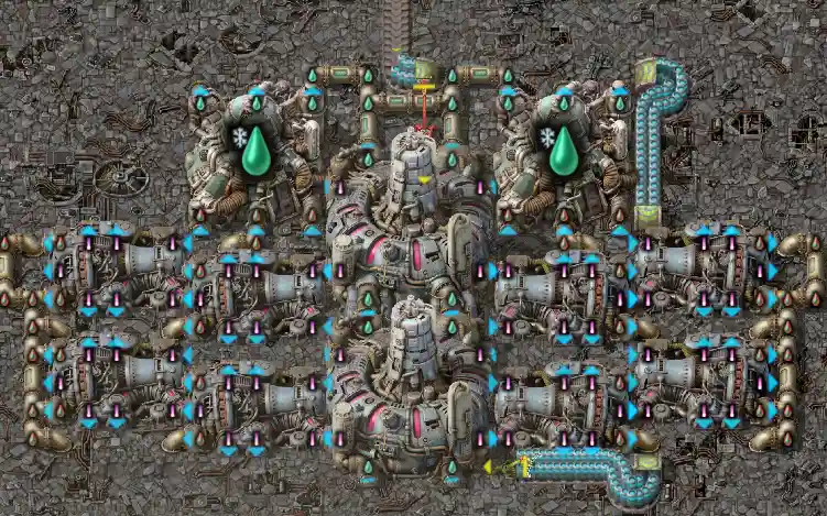 A complex, symmetrical factory layout from the game Factorio, featuring interconnected machines, pipes, and conveyor belts…