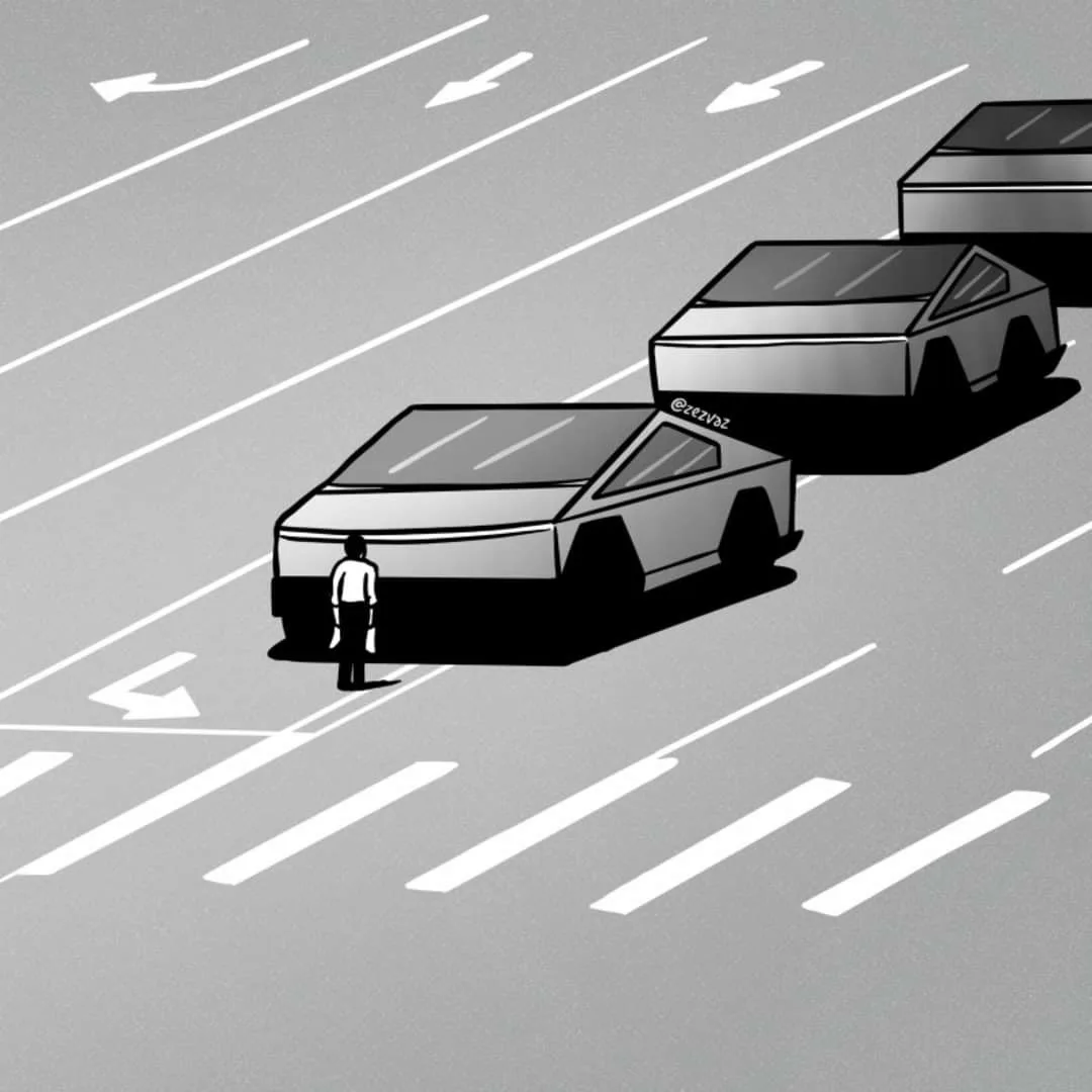 A black-and-white illustration shows a person standing in the middle of a multi-lane road, facing a line of identical…