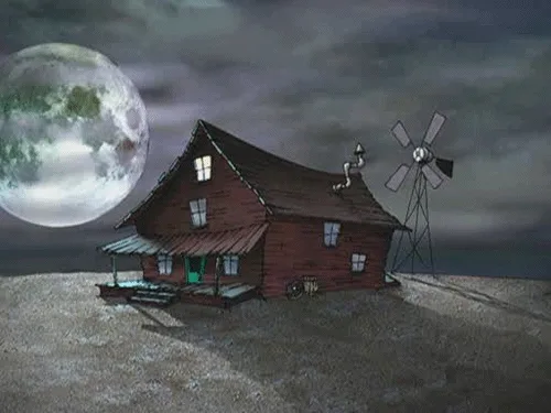 The image shows a split-screen with six panels, each depicting a red wooden house with a porch and a windmill under a large…