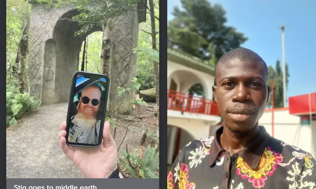 The image is split: left side shows a hand holding a phone displaying a photo of a bearded man with sunglasses, standing in…
