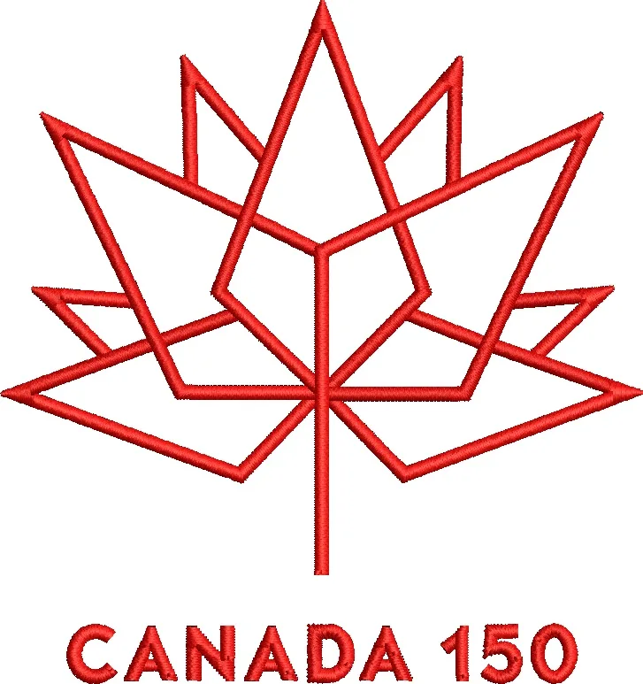 A red embroidered-style maple leaf logo, stylized with intersecting lines forming a geometric, almost 3D illusion, with the…