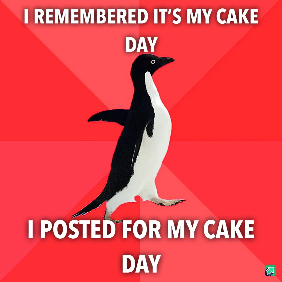A black-and-white penguin stands against a red background with diagonal stripes. White text at the top reads 'I REMEMBERED…