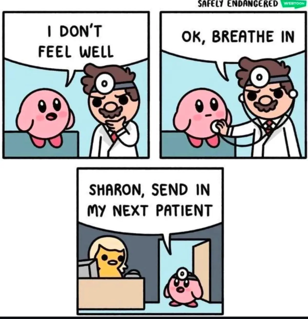 A three-panel comic strip from 'Safely Endangered' shows a pink Kirby character visiting a doctor. In the first panel, Kirby…