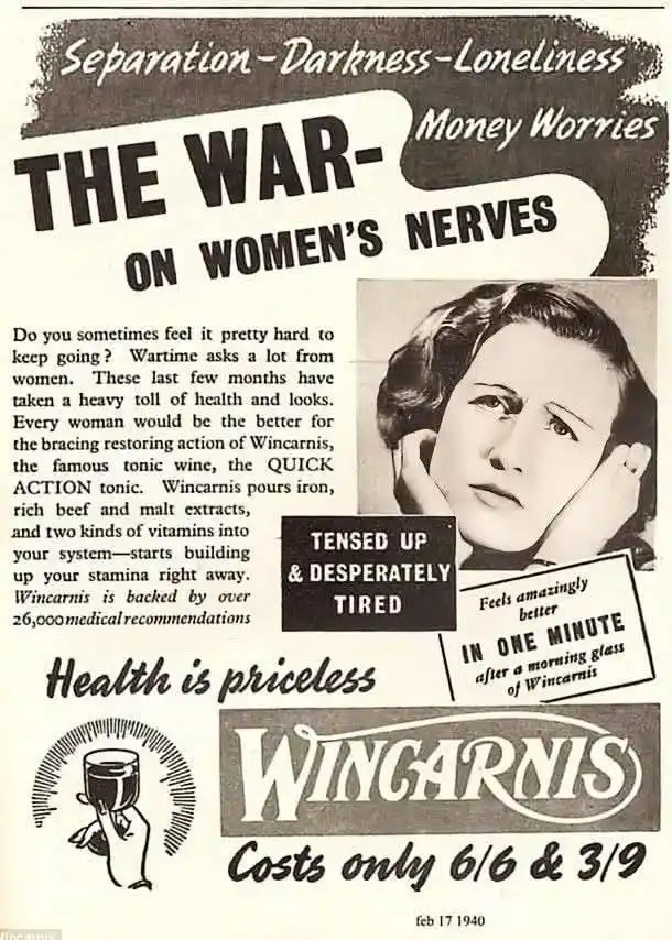 A vintage 1940s black-and-white advertisement for Wincarnis, a tonic wine marketed to women during wartime. The ad features…