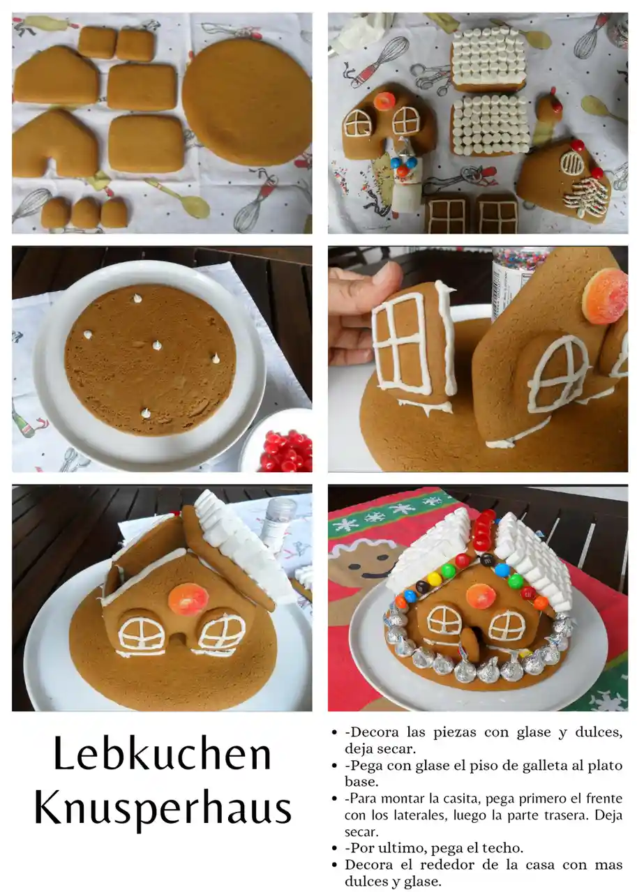 A six-panel collage shows the step-by-step process of building a gingerbread house, starting with cut-out cookie pieces…