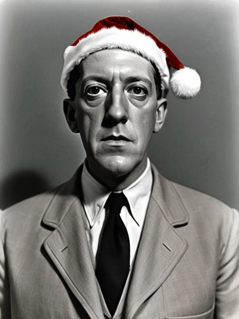 A black-and-white portrait of a man in a suit and tie with a red and white Santa hat digitally added to his head. He has a…