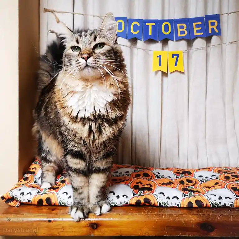 A fluffy tabby cat with green eyes sits regally on a Halloween-themed cushion featuring pumpkins and skulls, looking upward…