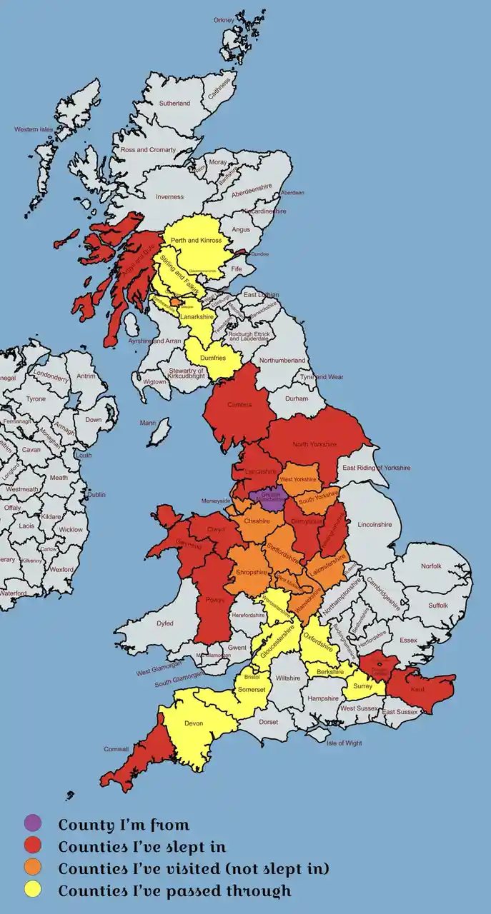 A map of the British Isles with counties colored red, orange, yellow, or gray based on a legend indicating whether the user…