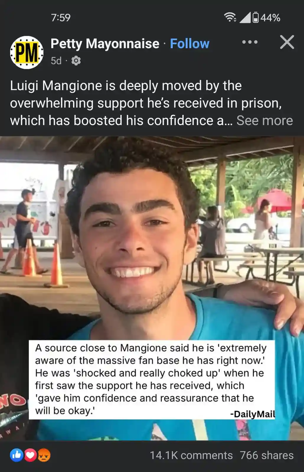 A screenshot of a social media post from 'Petty Mayonnaise' shows a smiling young man in a blue shirt, with a hand on his…