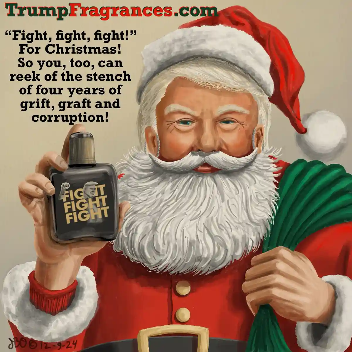 A cartoon illustration of Santa Claus holding a black bottle labeled 'FIGHT FIGHT FIGHT' with a Trump-like face and fist…