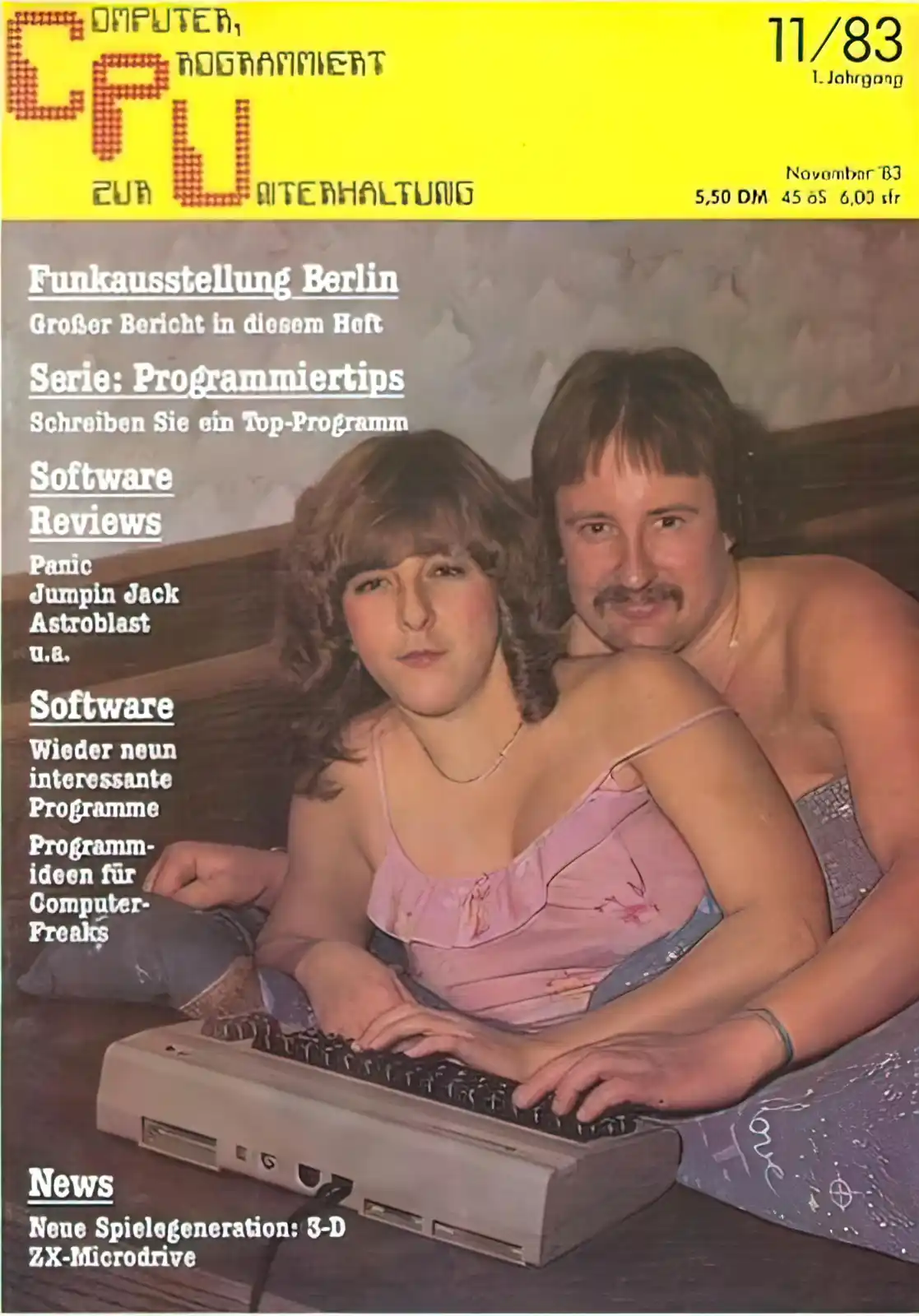 The image is the cover of a German computer magazine from November 1983, featuring a man and woman posing intimately while…