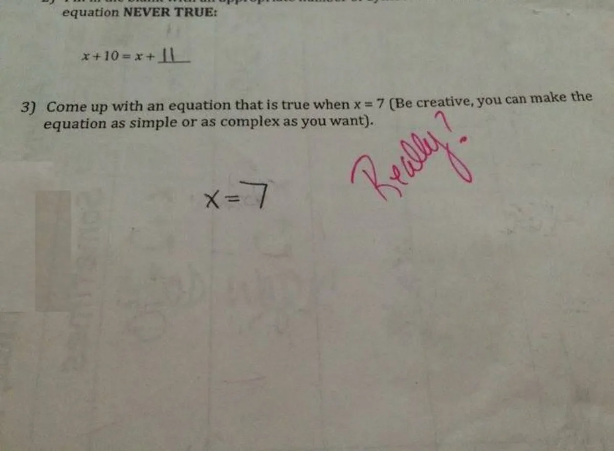 A math worksheet shows problem 3 asking for an equation true when x=7, with the student's answer 'x=7' written in pencil. A…