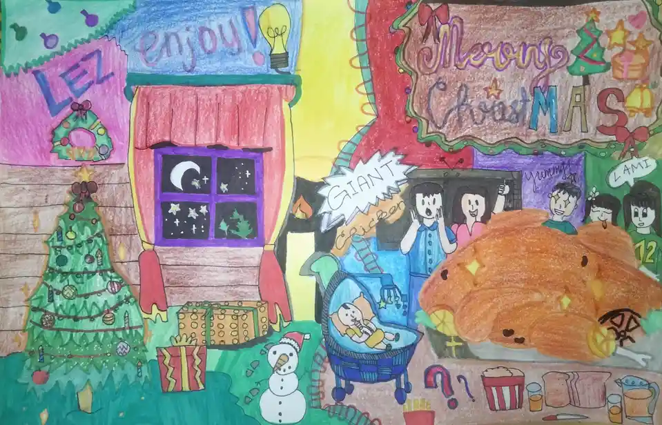 A colorful child's drawing depicts a festive Christmas scene with a decorated tree, presents, a snowman, and a fireplace…