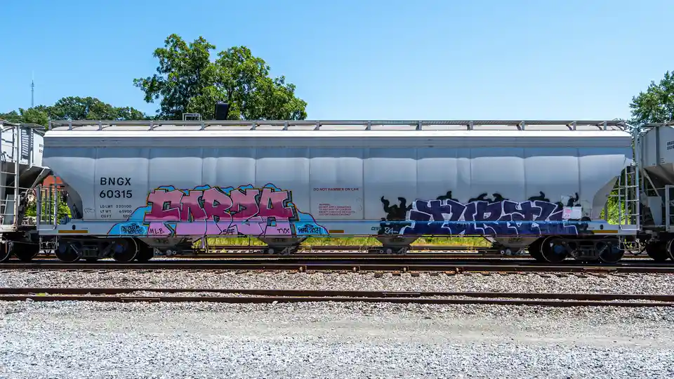 A white BNGX railcar with the number 60315 is parked on tracks under a clear blue sky, covered in colorful graffiti. The…