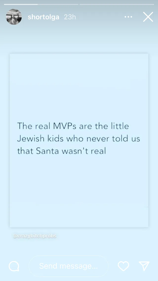 A screenshot of an Instagram story from user 'shortolga' showing a light blue background with centered dark text that reads…