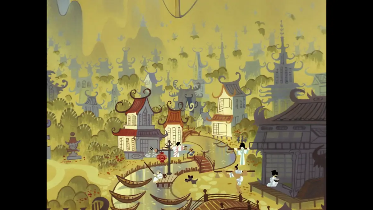 A colorful cartoon scene depicts a stylized East Asian village with traditional pagoda-style buildings, winding waterways…