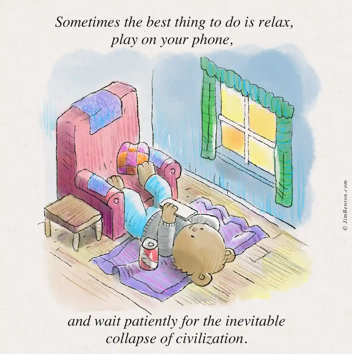 A cartoon depicts a person lying on a purple blanket on a wooden floor, propped up by a pink armchair, holding a phone and…