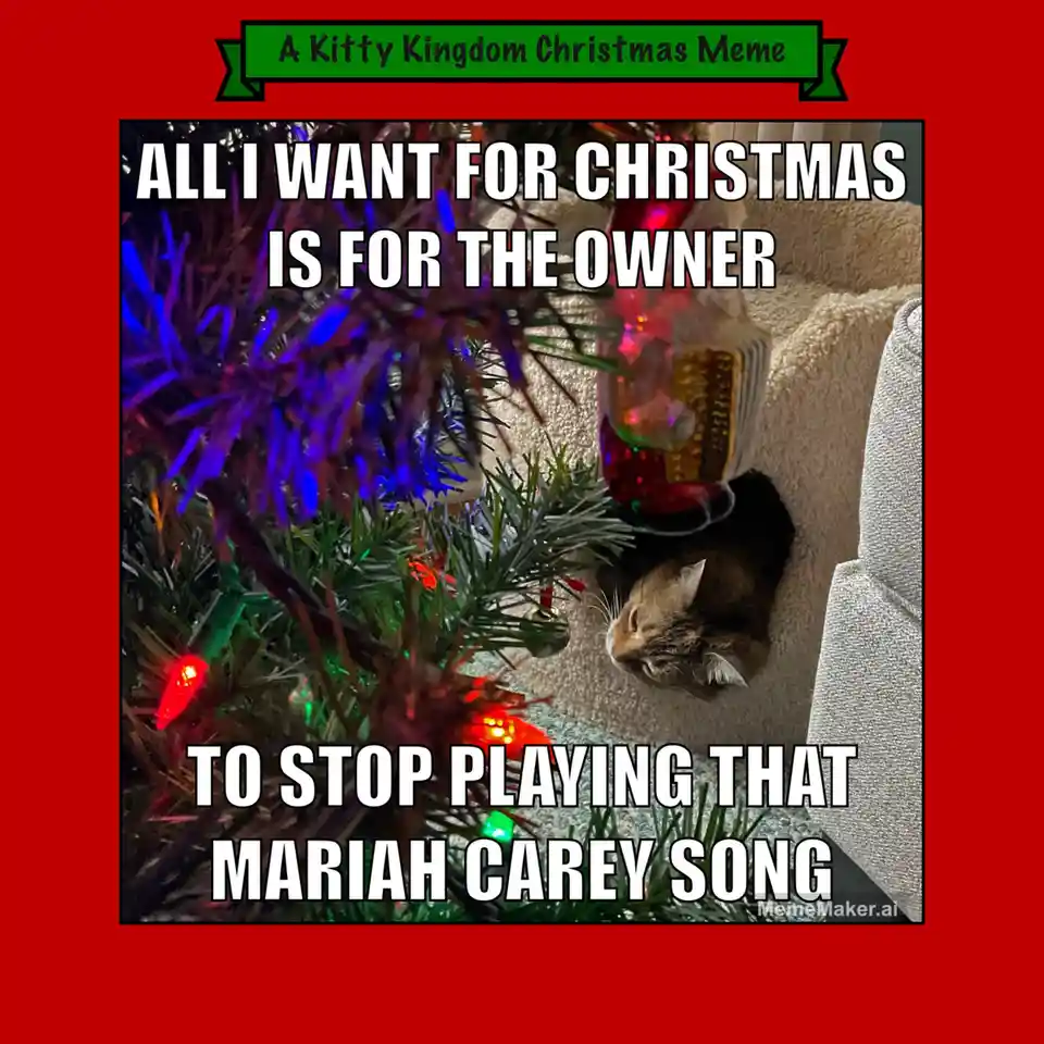 A brown tabby cat is lying on a carpet next to a decorated Christmas tree with colorful lights and ornaments. The image has…
