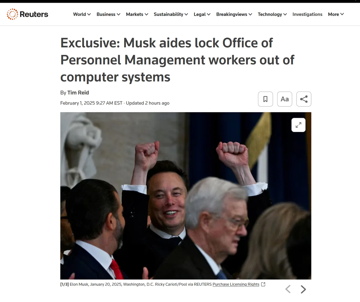 A screenshot of a Reuters news article from February 1, 2025, featuring a photo of Elon Musk smiling with both fists raised…