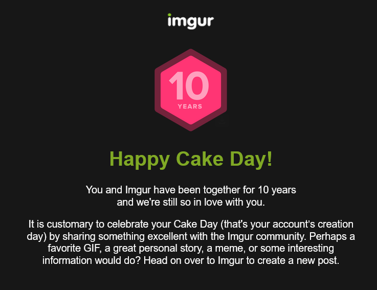 A black background with the Imgur logo at the top, a pink hexagon with '10 YEARS' inside, and celebratory text announcing…