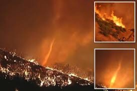 A large wildfire rages across a hillside at night, casting an orange glow. Two inset images show close-ups of flames…