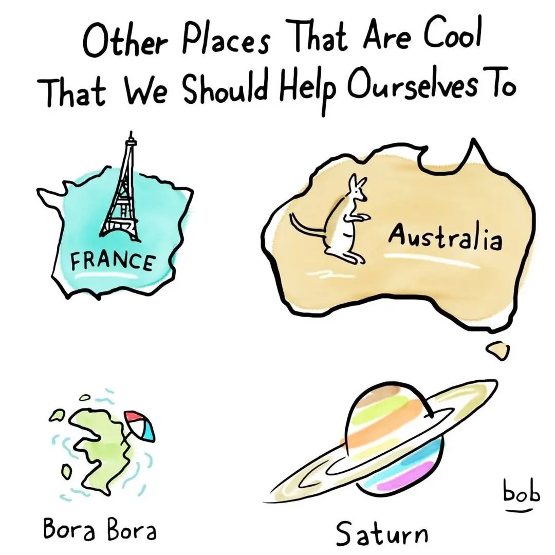 A hand-drawn image shows four illustrated locations: France with the Eiffel Tower, Australia with a kangaroo, Bora Bora with…