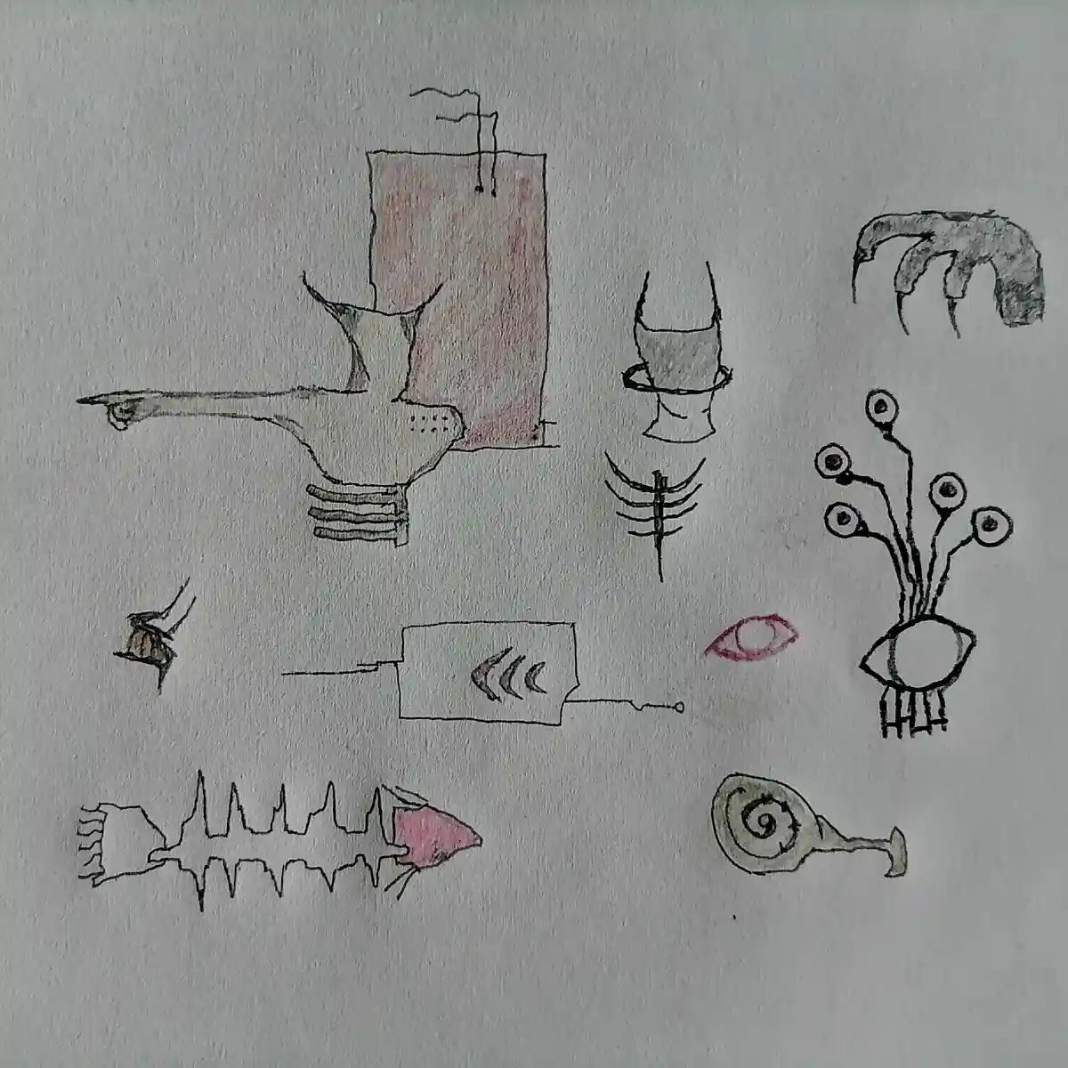 A hand-drawn, abstract composition on textured paper features a collection of bizarre, surreal sketches including a pointing…