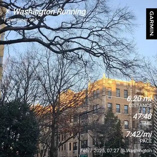 A screenshot of a Garmin Forerunner 955 running GPS watch displaying a workout in Washington, showing 6.20 miles run in…