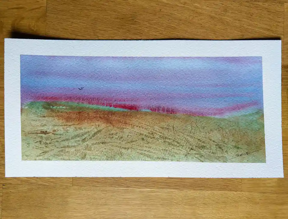 A watercolor painting of a landscape with a purple and pink sky over a brown field, signed 'Saul' in the bottom right…